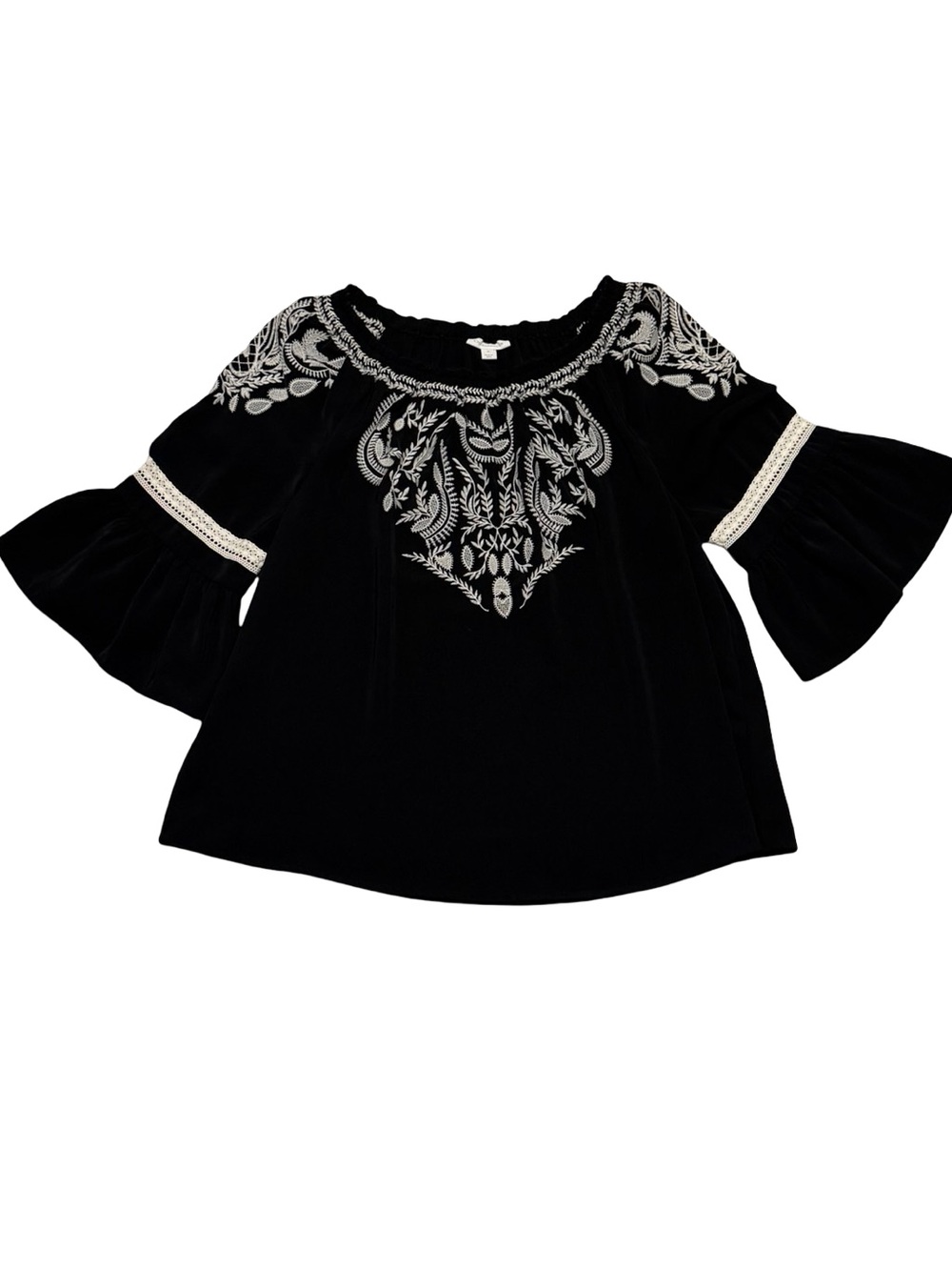 Charter Club Black Embroidered Bell Sleeve Boho Blouse Size M